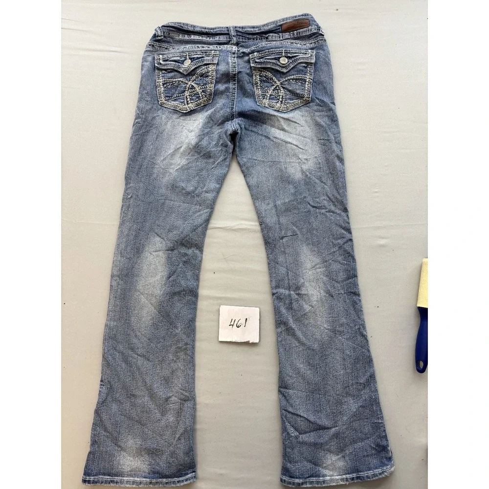 WallFlower Womens Bootcut Jeans Light Wash Embroidered Flap Pockets Stretch 11